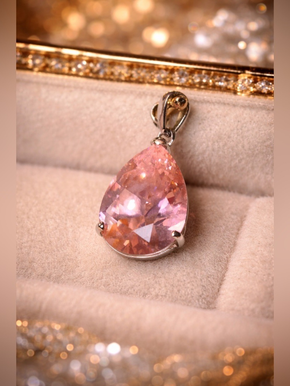 Vintage Peach Pink Faceted Glass Teardrop Pendant • Silver Tone • UV Reactive